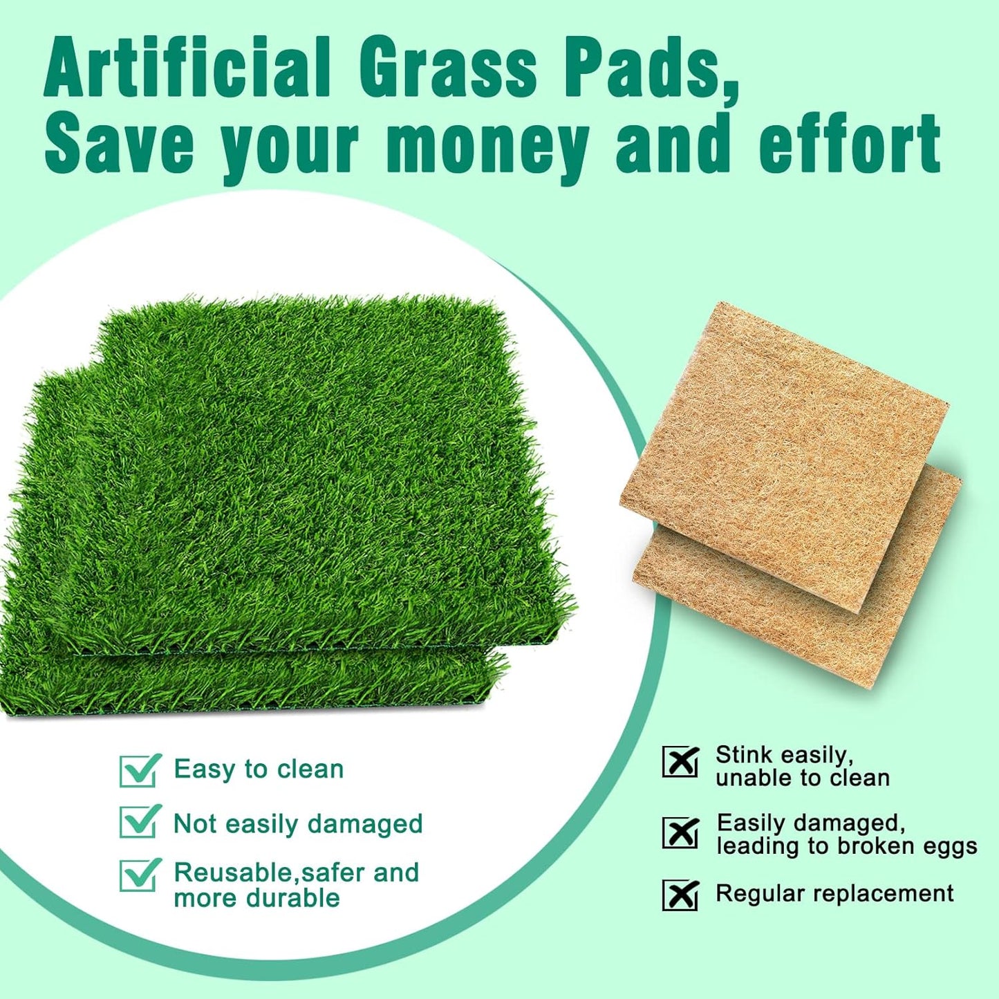 Washable Artificial Grass Nesting Pads - Chicken Nesting Pads for Chicken Coop and Pet Garden Lawn Indoor Outdoor 12"×12"×1"